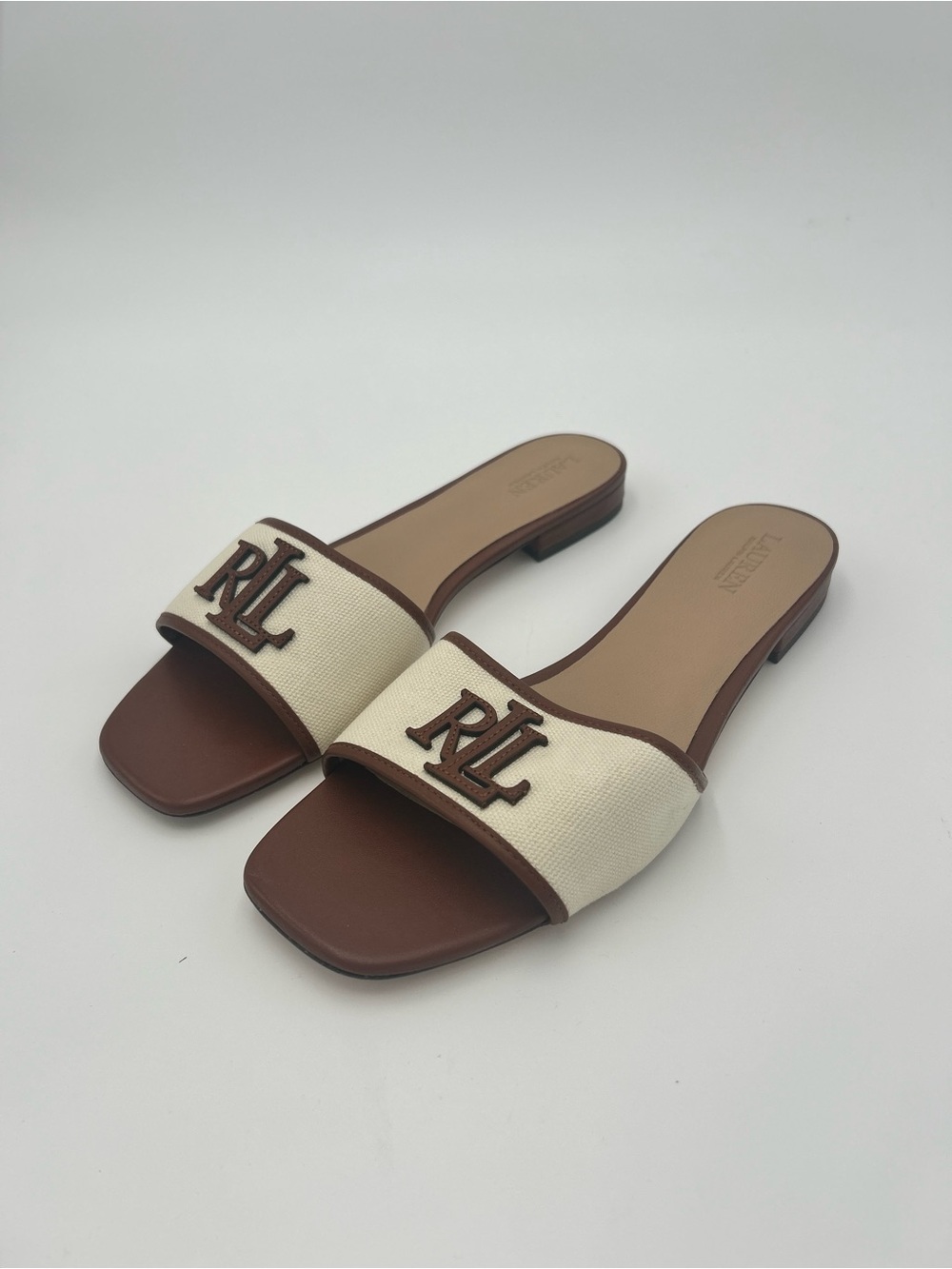 Ralph Lauren Cream & Brown Leather Trim Canvas Slide Sandals